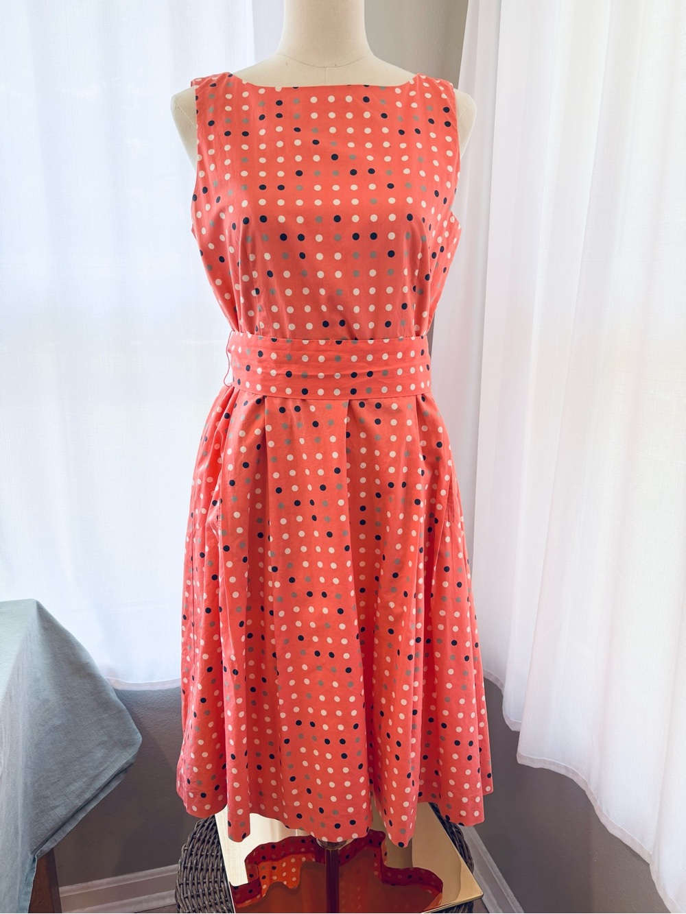 L.L. Bean Coral Polka Dot Sleeveless Retro Style Fit-and-Flare Dress